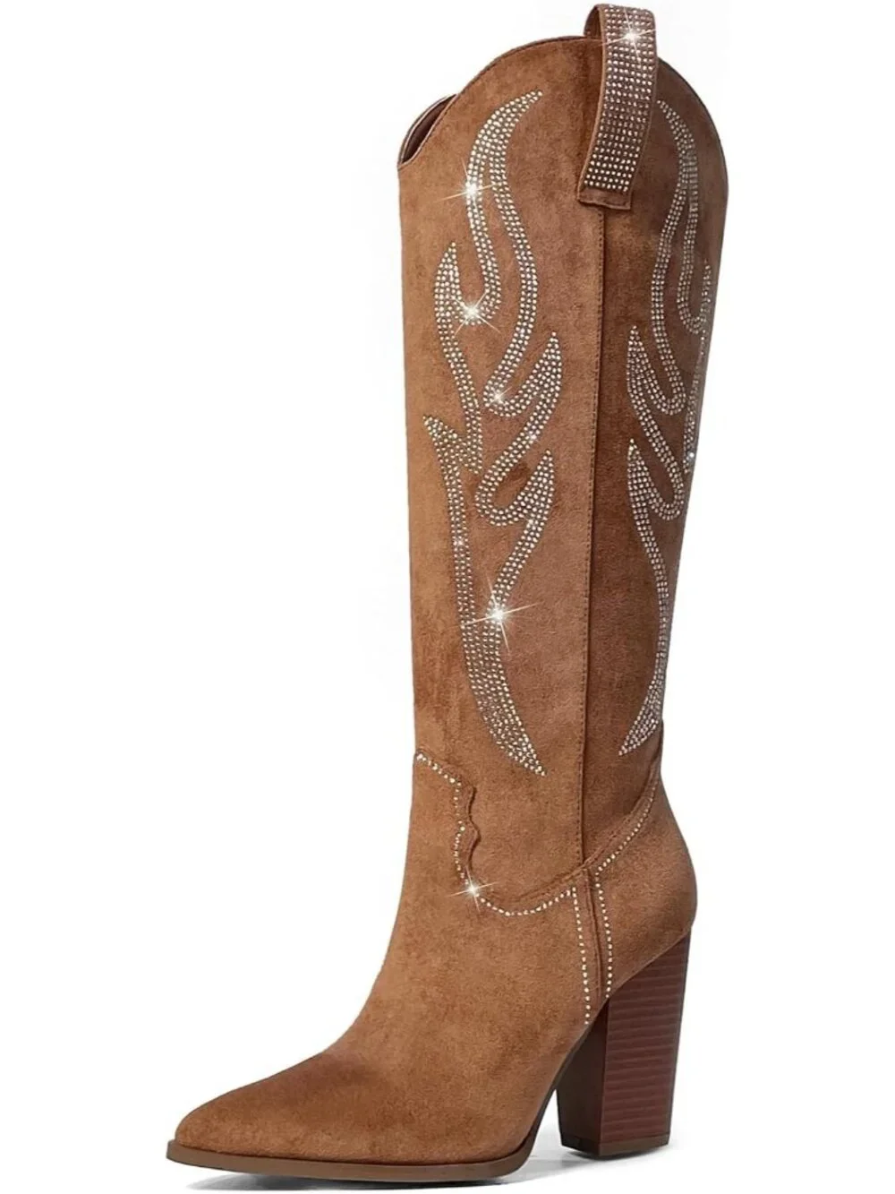 Women's Brown Suede Embroidered Rhinestone Wide Calf Side Zipper Cowgirl Boots
